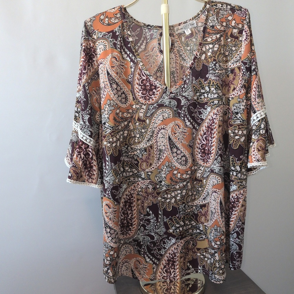 Stem & Vine Paisley Blouse Women 2X Multicolor Boho Lace Bell Sleeve Blouse